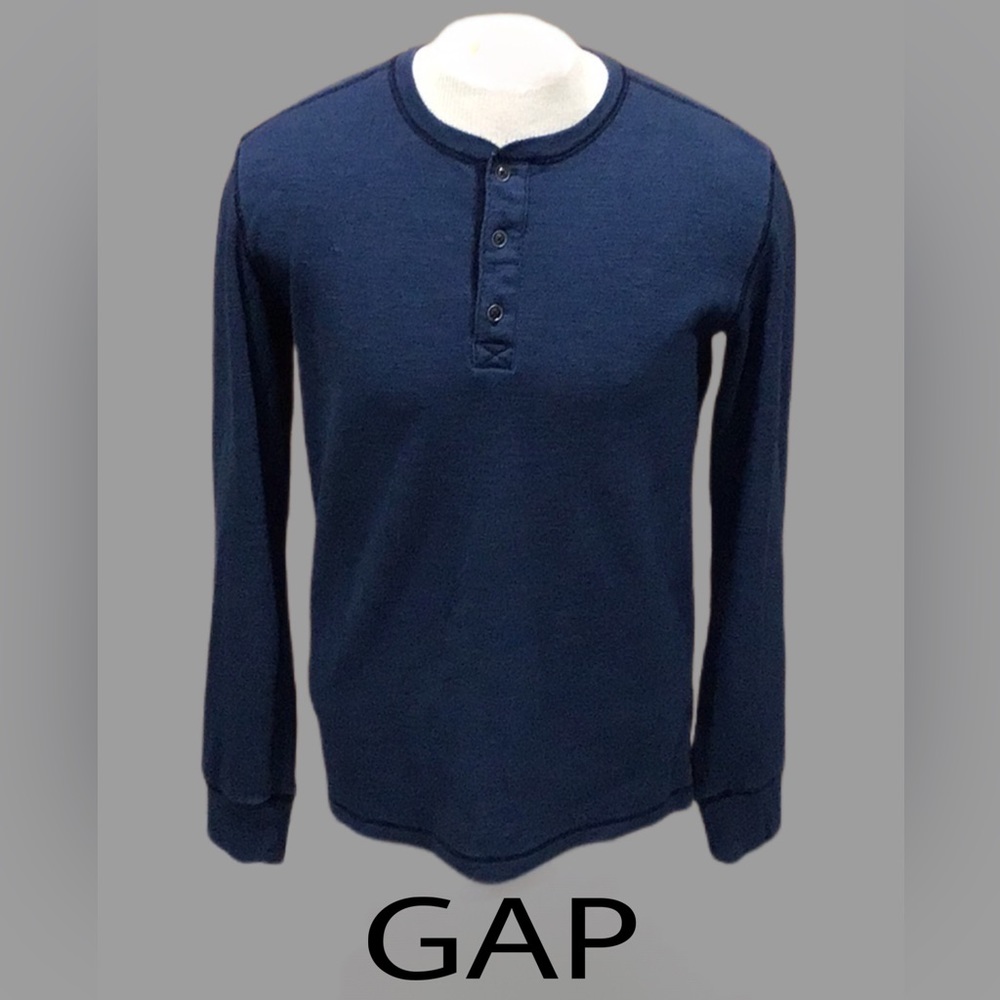 GAP Henley Long Sleeve Shirt, Navy Heather,‎ Waffle Knit, Size Medium